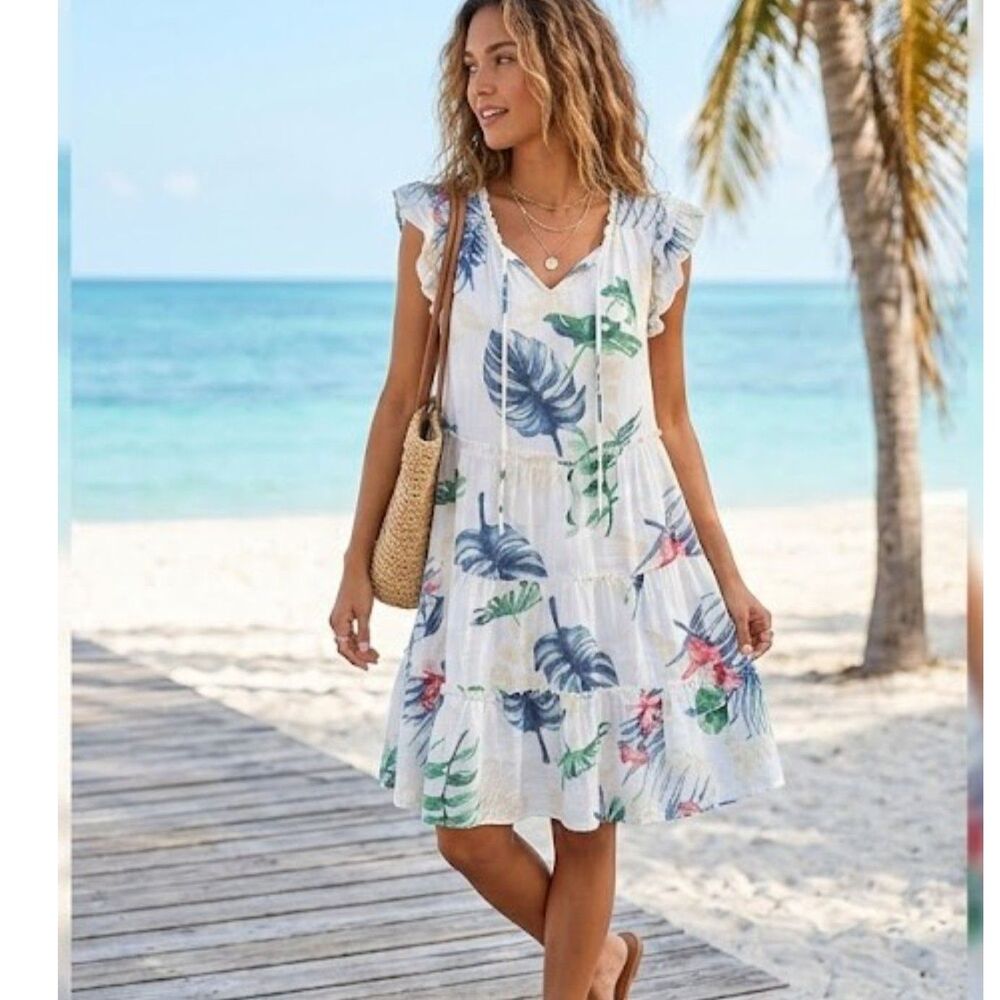 Indigo Rose Tropical Print Tiered Mini Dress Ruffle Sleeve Resort Medium